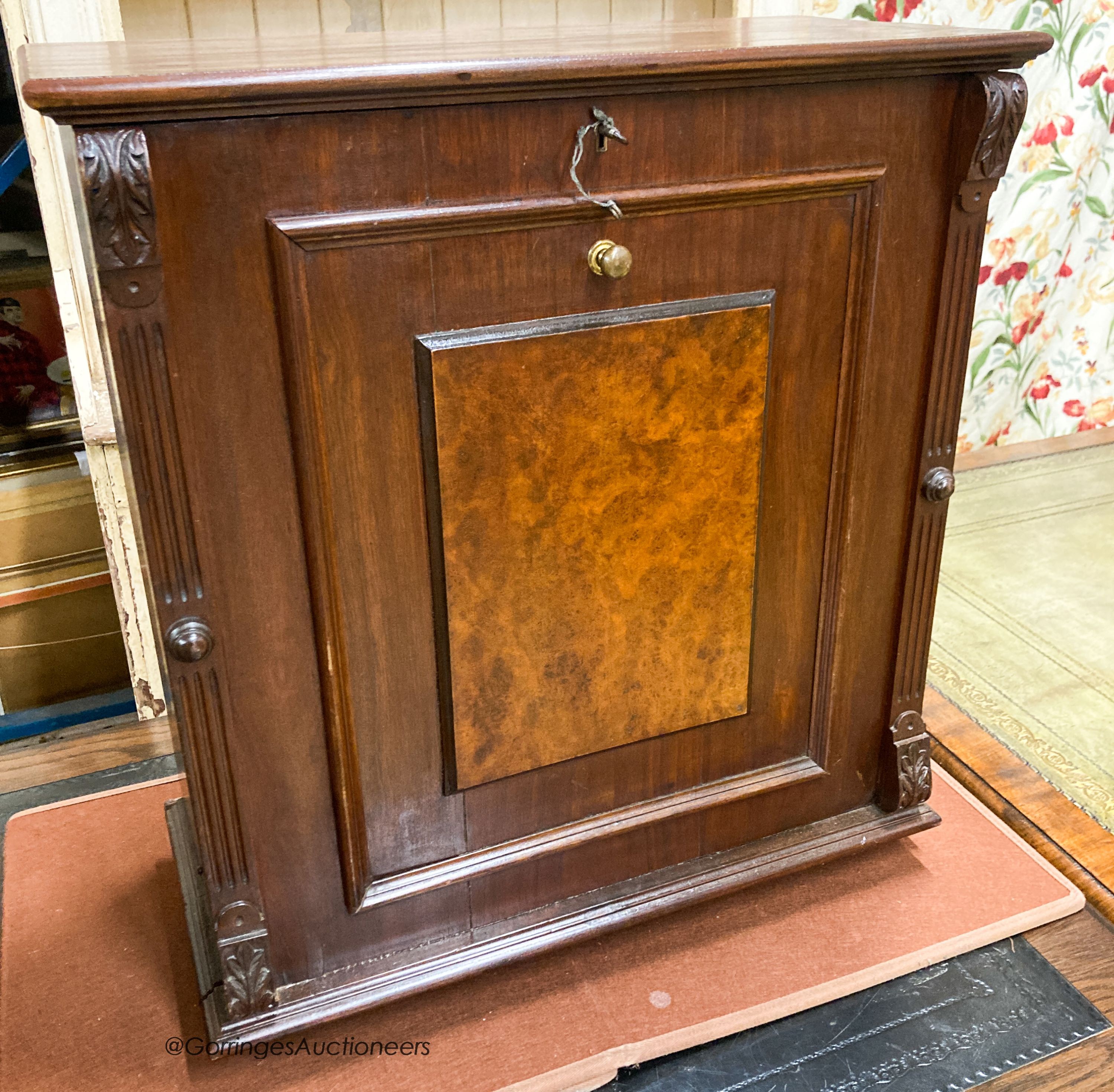 A late 19th century French oak and walnut fall front collector's cabinet, W.59cm D.29cm H.65cm